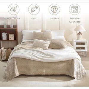 Sanracie Queen Quilt Set 90x98 Stonewashed Cotton Beige 3Pc Soft Coverlet